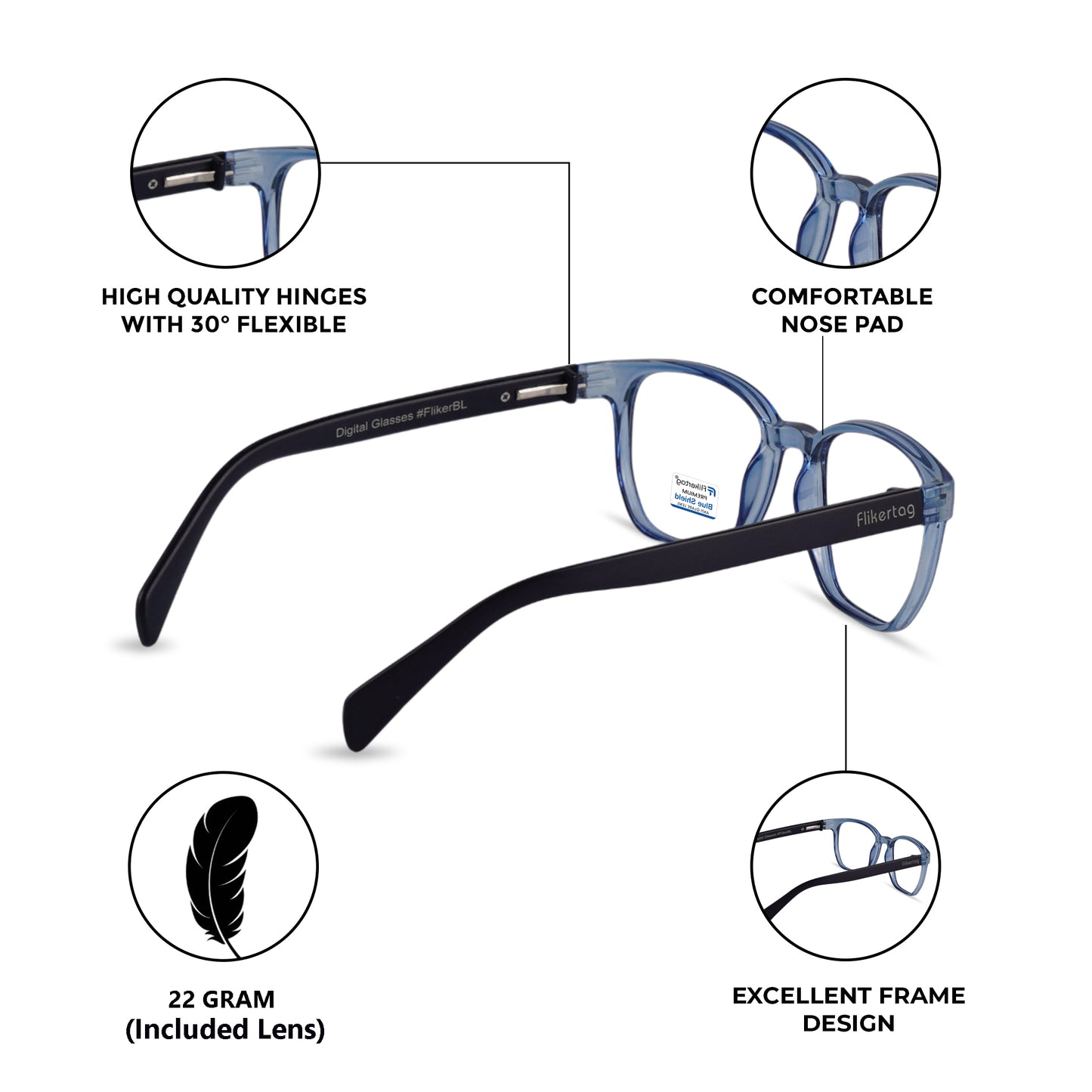 Blue Cut Computer Glasses for Eye Protection | Zero Power Blue Light Filter Glasses With UV Protection for Men & Women [FTF231 F2 Wayfarer Blue Frame, 50mm]
