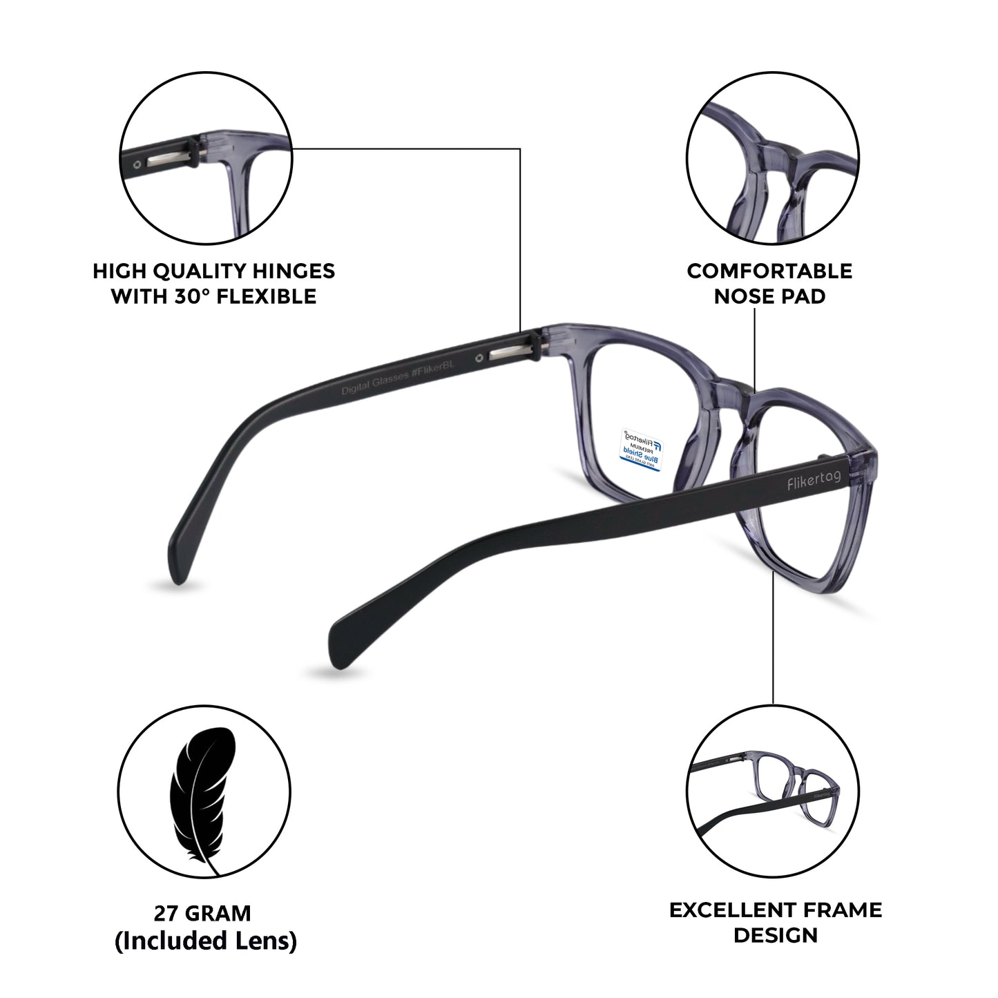Blue Cut Computer Glasses for Eye Protection | Zero Power Blue Light Filter Glasses With UV Protection for Men & Women [FTF 232 F4 Retro Square Grey Frame, 54mm]