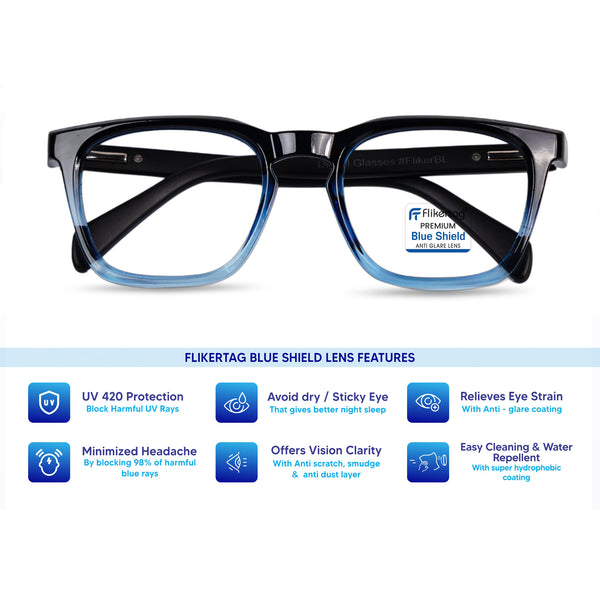 Blue Cut Computer Glasses for Eye Protection | Zero Power Blue Light Filter Glasses With UV Protection for Men & Women [FTF232 F2 Retro Square Shine Blue Frame, 54mm]