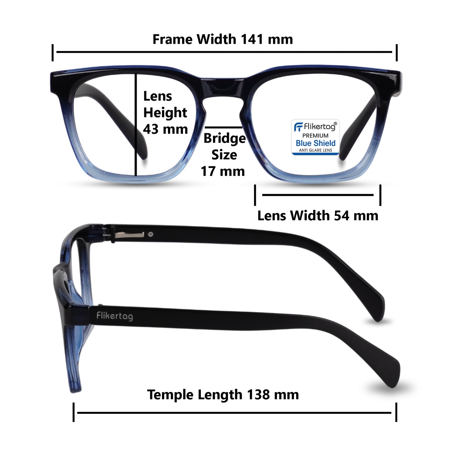 Blue Cut Computer Glasses for Eye Protection | Zero Power Blue Light Filter Glasses With UV Protection for Men & Women [FTF232 F2 Retro Square Shine Blue Frame, 54mm]