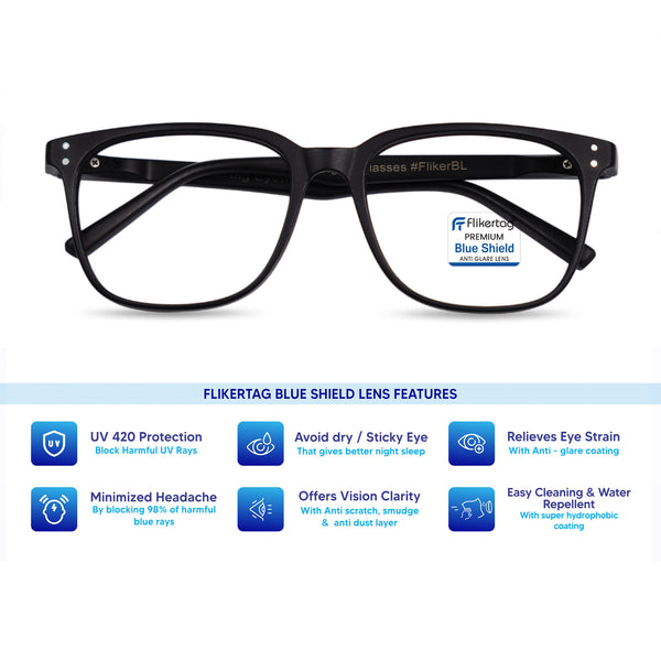 Blue Cut Computer Glasses for Eye Protection | Zero Power Blue Light Filter Glasses With UV Protection for Men & Women [FTF 233 F1 Retro Square Matte Black Frame, 53mm]