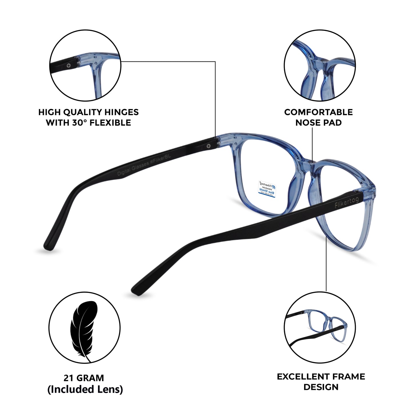 Blue Cut Computer Glasses for Eye Protection | Zero Power Blue Light Filter Glasses With UV Protection for Men & Women [FTF 233 F2 Retro Square Blue Frame, 53mm]