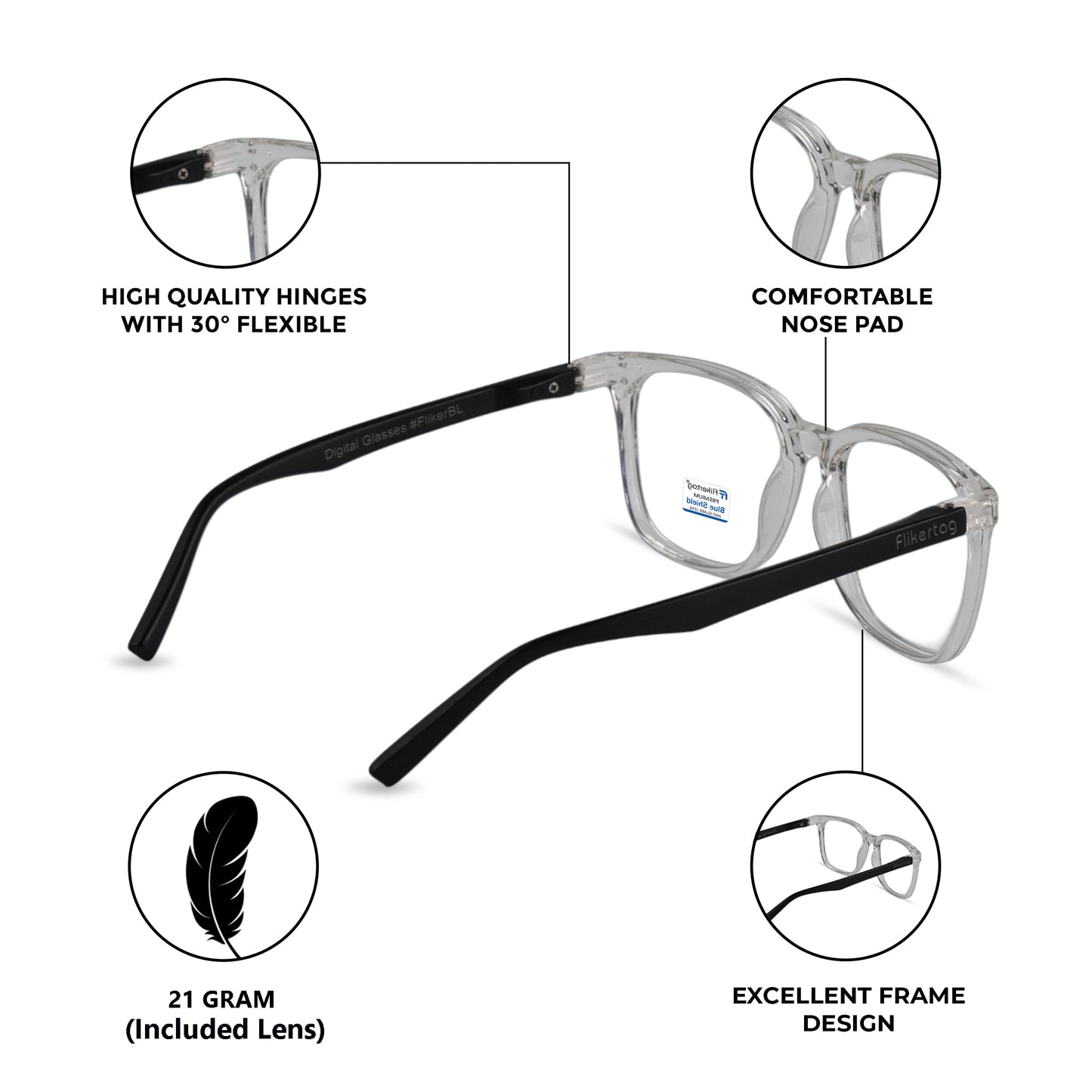 Blue Cut Computer Glasses for Eye Protection | Zero Power Blue Light Filter Glasses With UV Protection for Men & Women [FTF 233 F3 Retro Square Transparent Frame, 53mm]