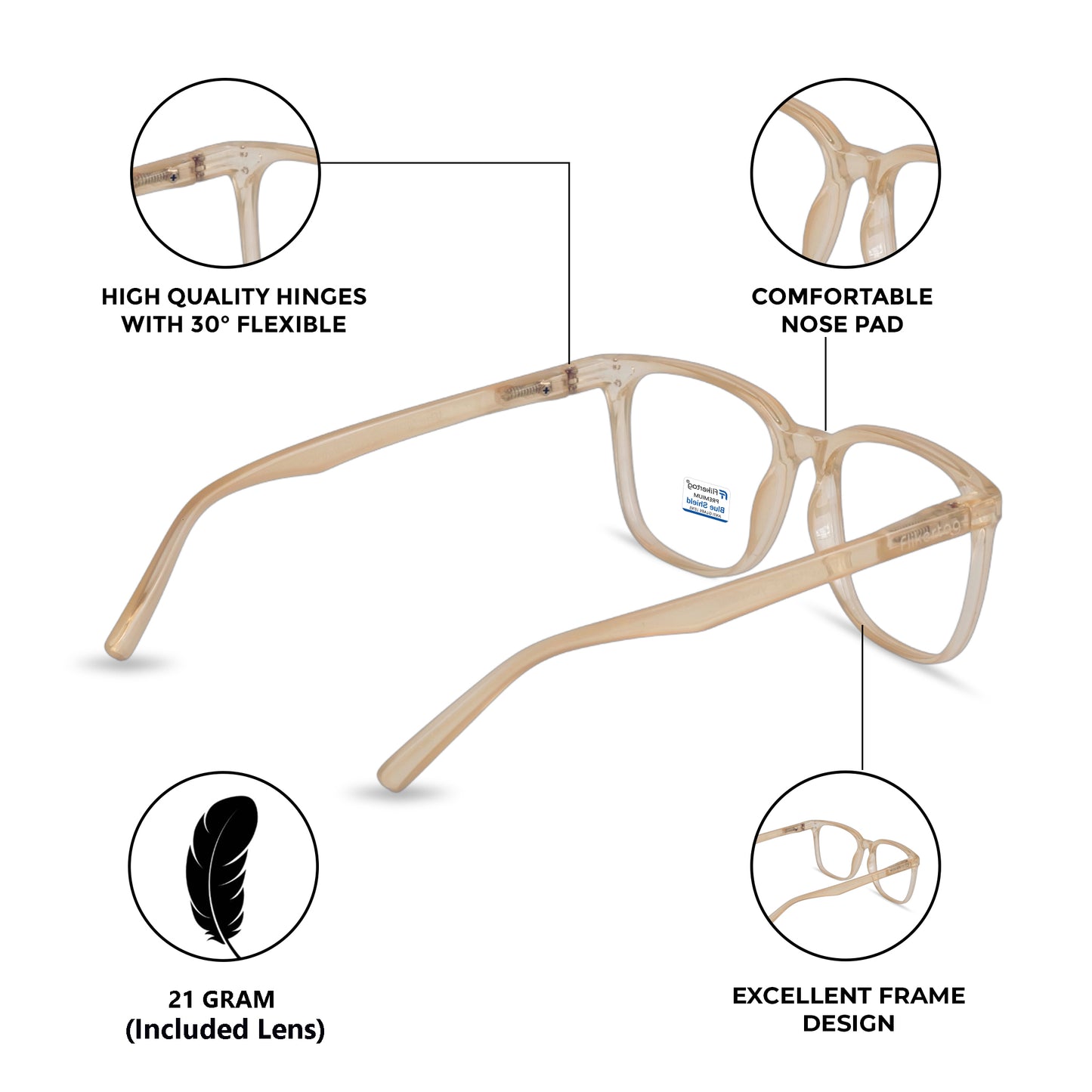 Blue Cut Computer Glasses for Eye Protection | Zero Power Blue Light Filter Glasses With UV Protection for Men & Women [FTF 233 F4 Retro Square Light Brown Frame, 53mm]