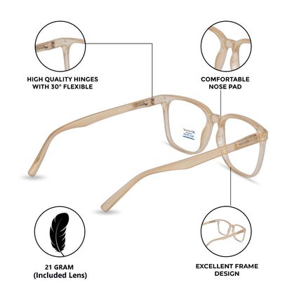 Blue Cut Computer Glasses for Eye Protection | Zero Power Blue Light Filter Glasses With UV Protection for Men & Women [FTF 233 F4 Retro Square Light Brown Frame, 53mm]