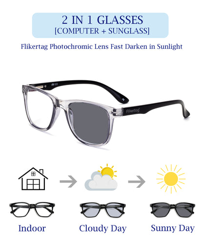Photochromic Computer Glasses for Eye Protection | Zero Power Blue Cut, Photochromic Glasses With UV Protection for Men & Women [PHFTF115 F3 Wayfarer Shine Grey Frame, 50mm]