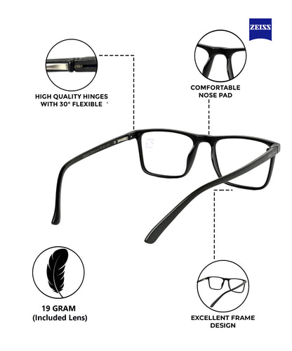 ZEISS Blue Protect Computer Glasses for Eye Protection | Zero Power Zeiss Duravision BlueProtect UV Lens [ZFTF222 F1 Flikertag Square Matte Black Frame for Men & Women With ZEISS Lens, 50mm]