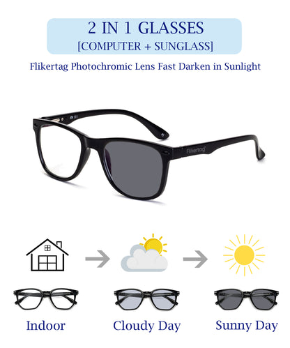 Photochromic Computer Glasses for Eye Protection | Zero Power Blue Cut, Photochromic Glasses With UV Protection for Men & Women [PHFTF115 F1 Wayfarer Matte Black Frame, 50mm]