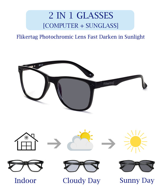 Photochromic Computer Glasses for Eye Protection | Zero Power Blue Cut, Photochromic Glasses With UV Protection for Men & Women [PHFTF115 F1 Wayfarer Matte Black Frame, 50mm]