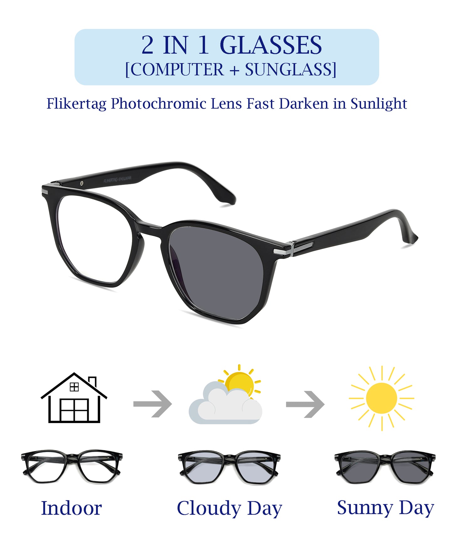 Photochromic Computer Glasses for Eye Protection | Zero Power Blue Cut, Photochromic Glasses With UV Protection for Men & Women [PHFTF205 F1 Wayfarer Glossy Black Frame, 52mm]