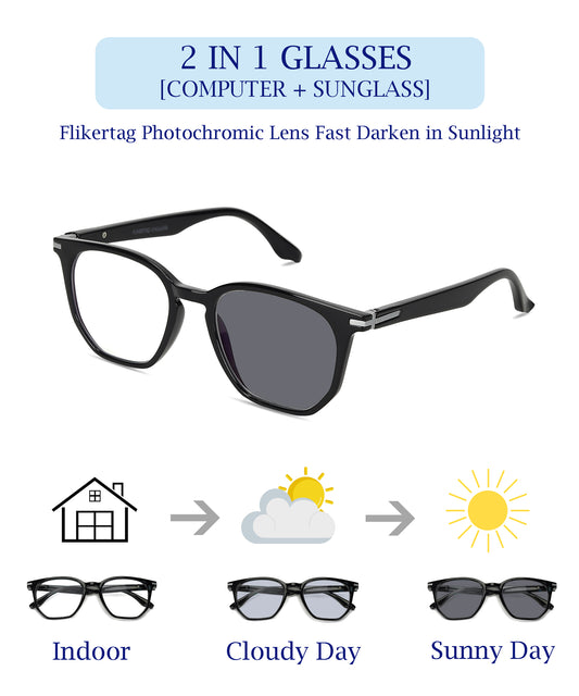 Photochromic Computer Glasses for Eye Protection | Zero Power Blue Cut, Photochromic Glasses With UV Protection for Men & Women [PHFTF205 F1 Wayfarer Glossy Black Frame, 52mm]