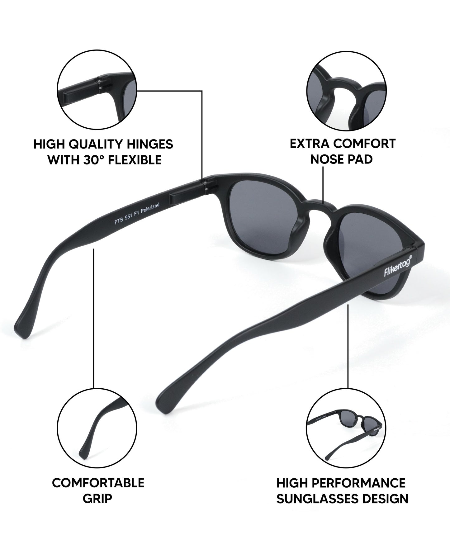 Polarized UV Protection Sunglasses For Men & Women [FTS 551 F1 Retro Round Matte Black Frame with Grey Lens, 49mm]