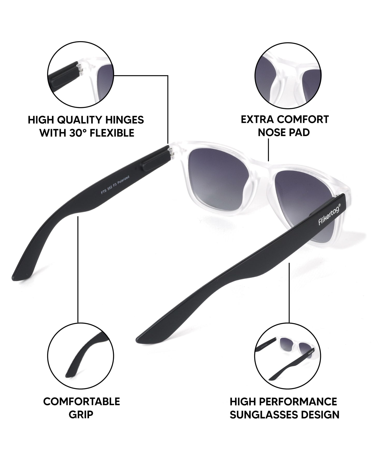 Polarized UV Protection Sunglasses For Men & Women [FTS 552 F3 Wayfarer Matte Transparent Frame with Grey Gradient Lens, 52mm]