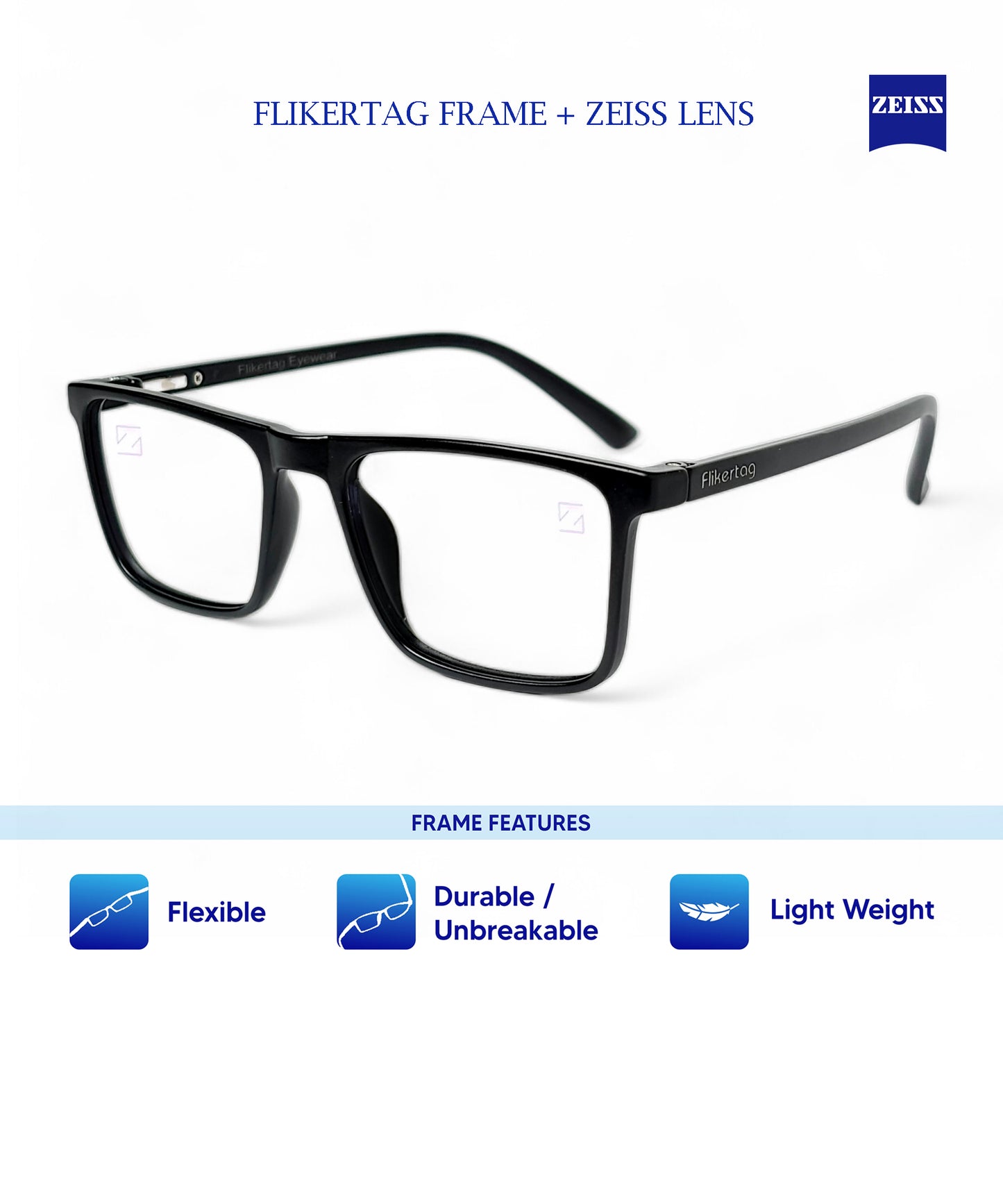 ZEISS Blue Protect Computer Glasses for Eye Protection | Zero Power Zeiss Duravision BlueProtect UV Lens [ZFTF222 F1 Flikertag Square Matte Black Frame for Men & Women With ZEISS Lens, 50mm]
