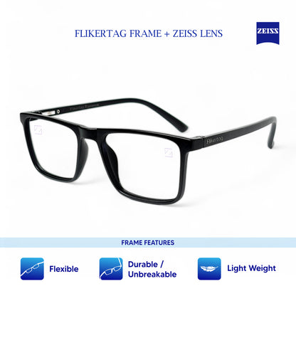 ZEISS Blue Protect Computer Glasses for Eye Protection | Zero Power Zeiss Duravision BlueProtect UV Lens [ZFTF222 F1 Flikertag Square Matte Black Frame for Men & Women With ZEISS Lens, 50mm]