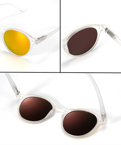 Polarized UV Protection Sunglasses For Men & Women [FTS 565 F3 Round Matte Transparent Frame with Mirrored Yellow lens, 50mm]