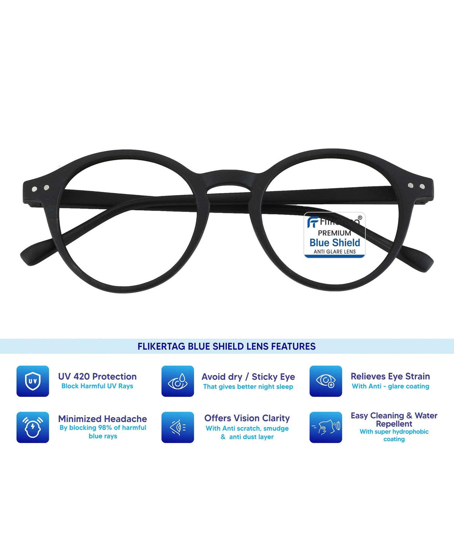 Blue Cut Computer Glasses for Eye Protection | Zero Power Blue Light Filter Glasses With UV Protection for Men & Women [FTF565 F1 Round Matte Black Frame, 50mm]