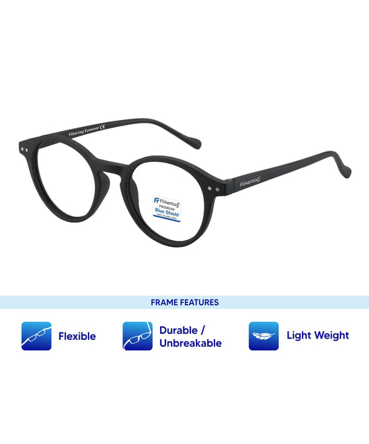 Blue Cut Computer Glasses for Eye Protection | Zero Power Blue Light Filter Glasses With UV Protection for Men & Women [FTF565 F1 Round Matte Black Frame, 50mm]