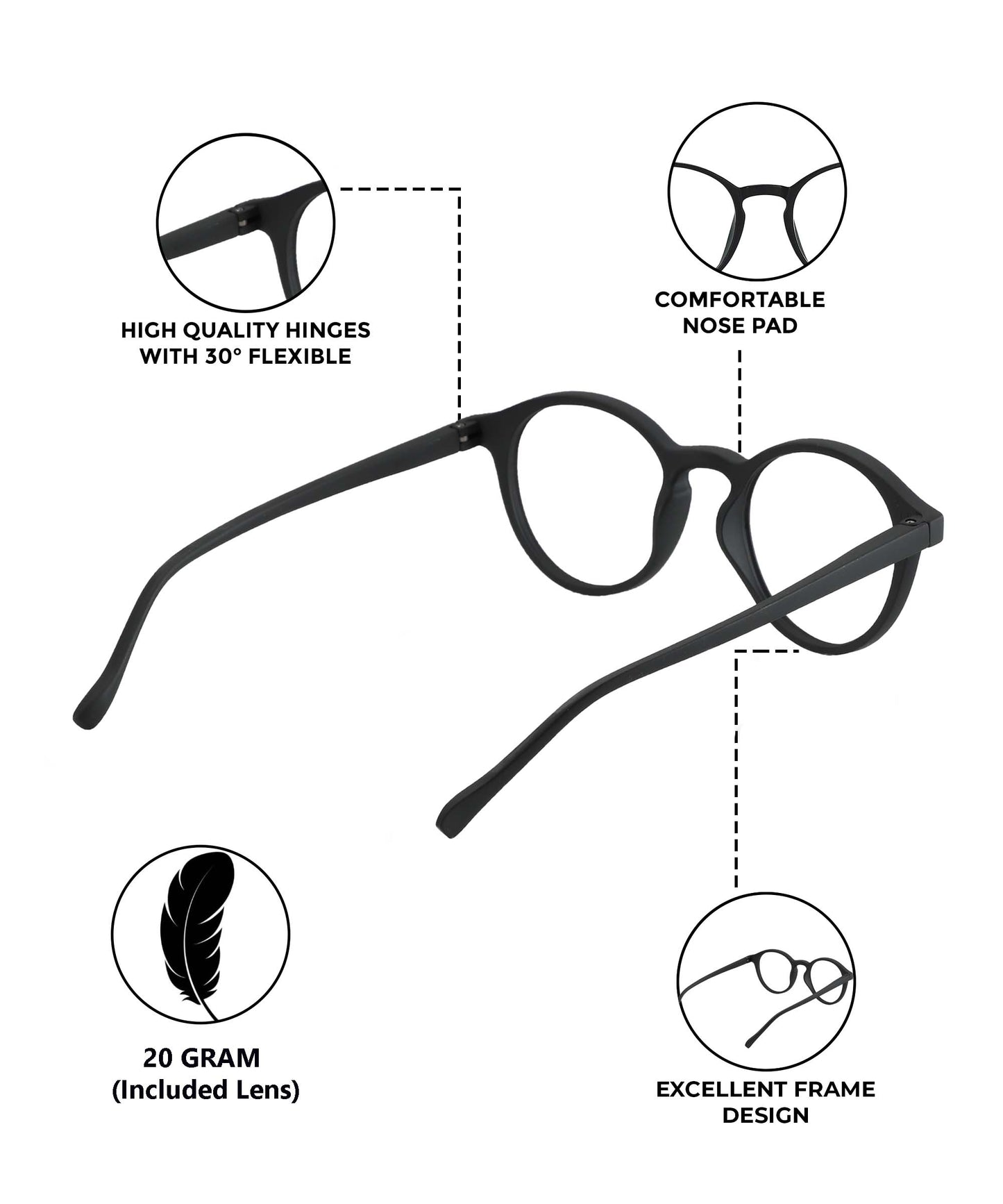 Blue Cut Computer Glasses for Eye Protection | Zero Power Blue Light Filter Glasses With UV Protection for Men & Women [FTF565 F1 Round Matte Black Frame, 50mm]