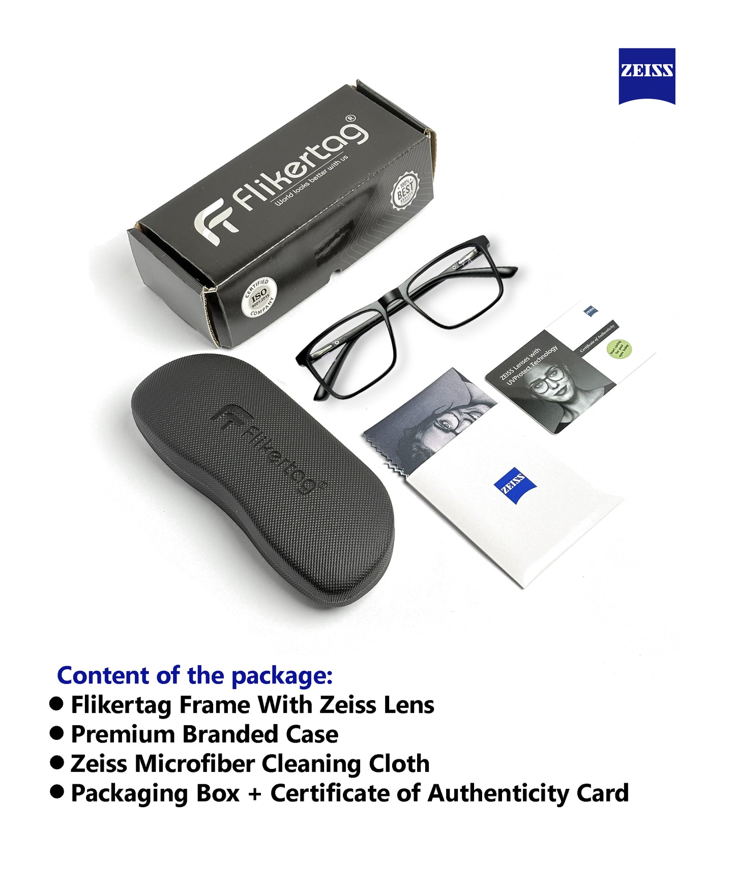 ZEISS Blue Protect Computer Glasses for Eye Protection | Zero Power Zeiss Duravision BlueProtect UV Lens [ZFTF222 F1 Flikertag Square Matte Black Frame for Men & Women With ZEISS Lens, 50mm]