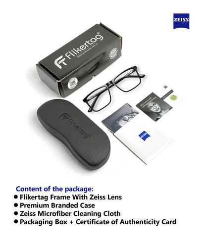 ZEISS Blue Protect Computer Glasses for Eye Protection | Zero Power Zeiss Duravision BlueProtect UV Lens [ZFTF222 F1 Flikertag Square Matte Black Frame for Men & Women With ZEISS Lens, 50mm]