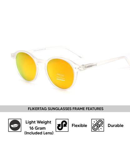 Polarized UV Protection Sunglasses For Men & Women [FTS 565 F3 Round Matte Transparent Frame with Mirrored Yellow lens, 50mm]