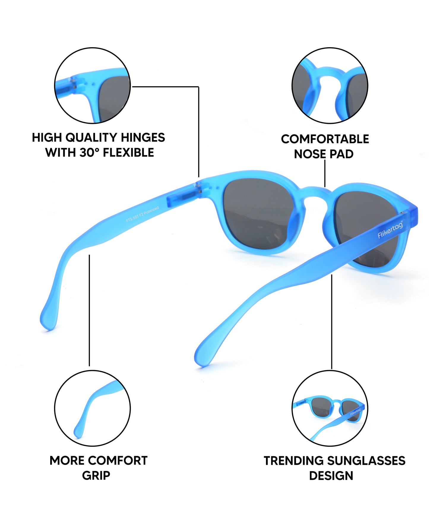 Polarized UV Protection Sunglasses For Men & Women [FTS 551 F2 Retro Round Matte Blue Frame with Grey Lens, 49mm]
