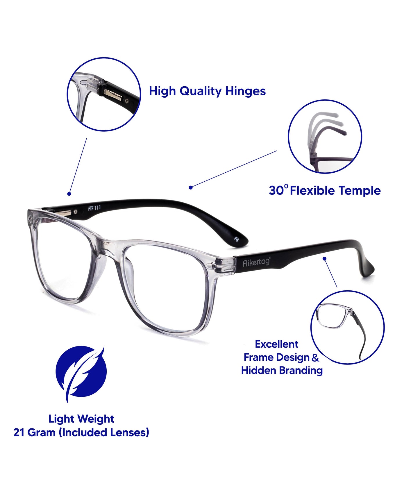 Flikertag Eye Glasses Frame For Men & Women [FTF115 F3 Wayfarer Shine Grey Frame, 50mm]
