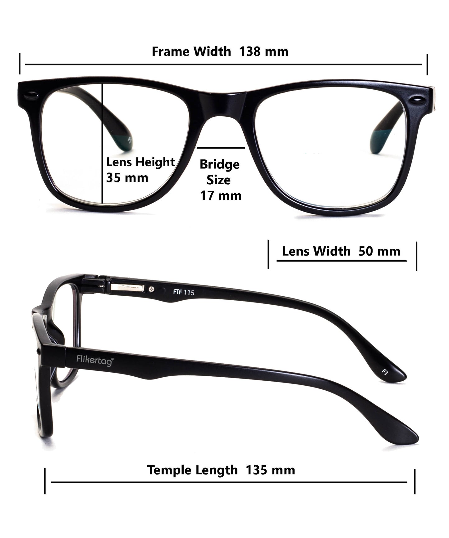 Flikertag Eye Glasses Frame For Men & Women [FTF115 F1 Wayfarer Matte Black Frame, 50mm]