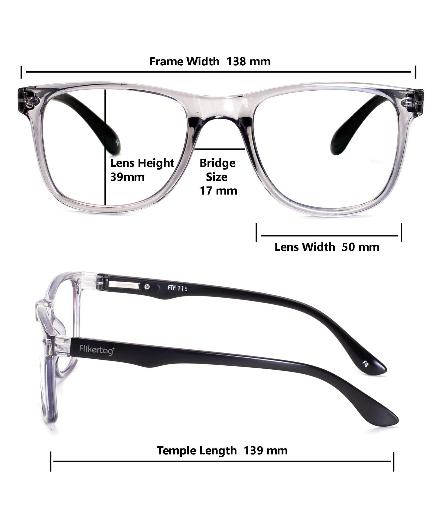Flikertag Eye Glasses Frame For Men & Women [FTF115 F3 Wayfarer Shine Grey Frame, 50mm]