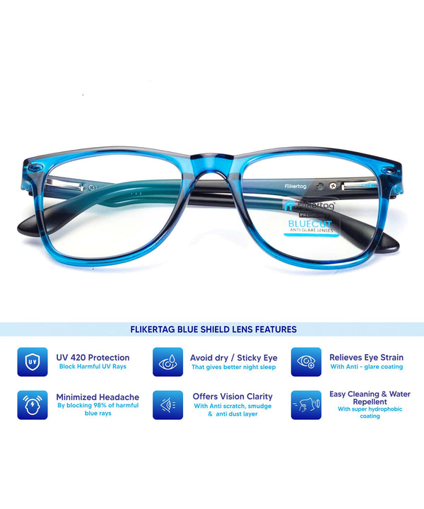 Blue Cut Computer Glasses for Eye Protection | Zero Power Blue Light Filter Glasses With UV Protection for Men & Women [FTF115 F2 Wayfarer Shine Blue Frame, 50mm]