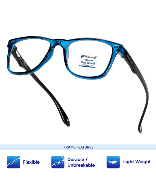 Blue Cut Computer Glasses for Eye Protection | Zero Power Blue Light Filter Glasses With UV Protection for Men & Women [FTF115 F2 Wayfarer Shine Blue Frame, 50mm]