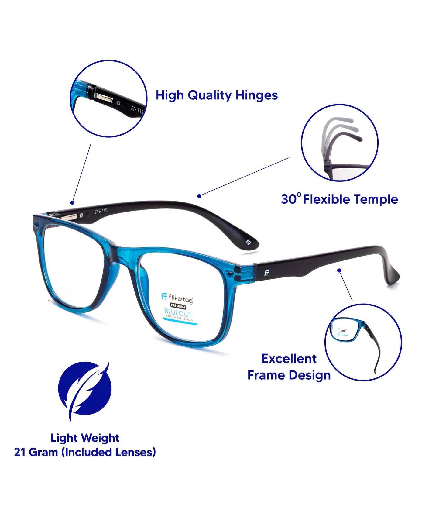 Blue Cut Computer Glasses for Eye Protection | Zero Power Blue Light Filter Glasses With UV Protection for Men & Women [FTF115 F2 Wayfarer Shine Blue Frame, 50mm]