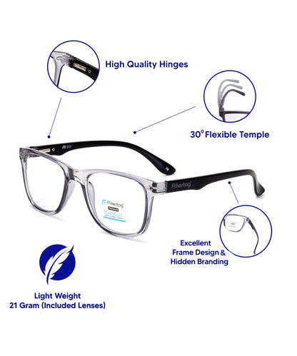 Blue Cut Computer Glasses for Eye Protection | Zero Power Blue Light Filter Glasses With UV Protection for Men & Women [FTF115 F3 Wayfarer Shine Grey Frame, 50mm]