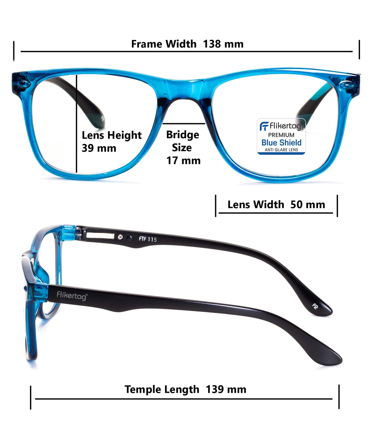 Blue Cut Computer Glasses for Eye Protection | Zero Power Blue Light Filter Glasses With UV Protection for Men & Women [FTF115 F2 Wayfarer Shine Blue Frame, 50mm]