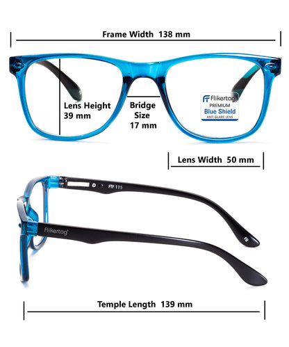 Blue Cut Computer Glasses for Eye Protection | Zero Power Blue Light Filter Glasses With UV Protection for Men & Women [FTF115 F2 Wayfarer Shine Blue Frame, 50mm]