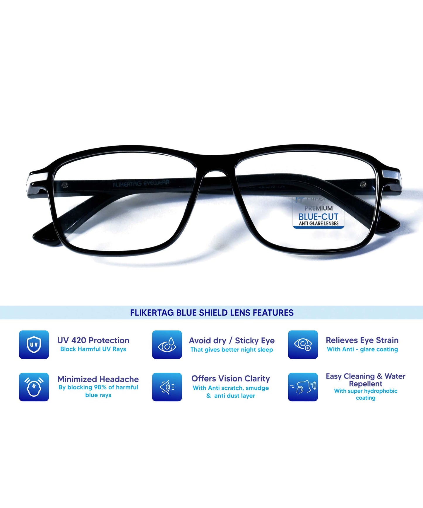 Blue Cut Computer Glasses for Eye Protection | Zero Power Blue Light Filter Glasses With UV Protection for Men & Women [FTF202 F1 Rectangle Shine Black Frame, 52mm]