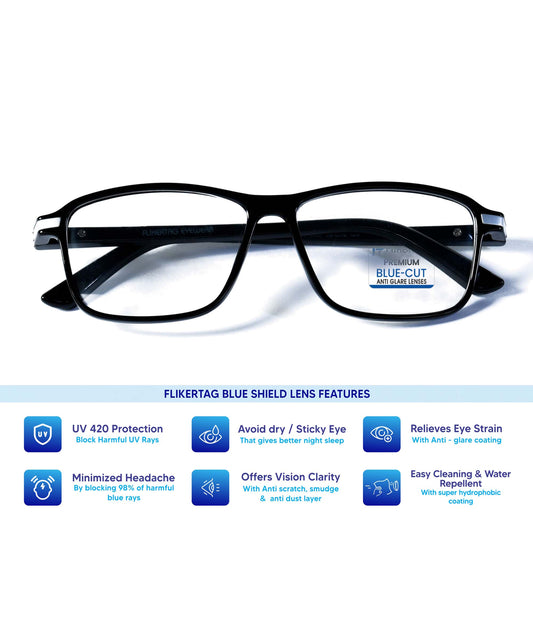 Blue Cut Computer Glasses for Eye Protection | Zero Power Blue Light Filter Glasses With UV Protection for Men & Women [FTF202 F1 Rectangle Shine Black Frame, 52mm]