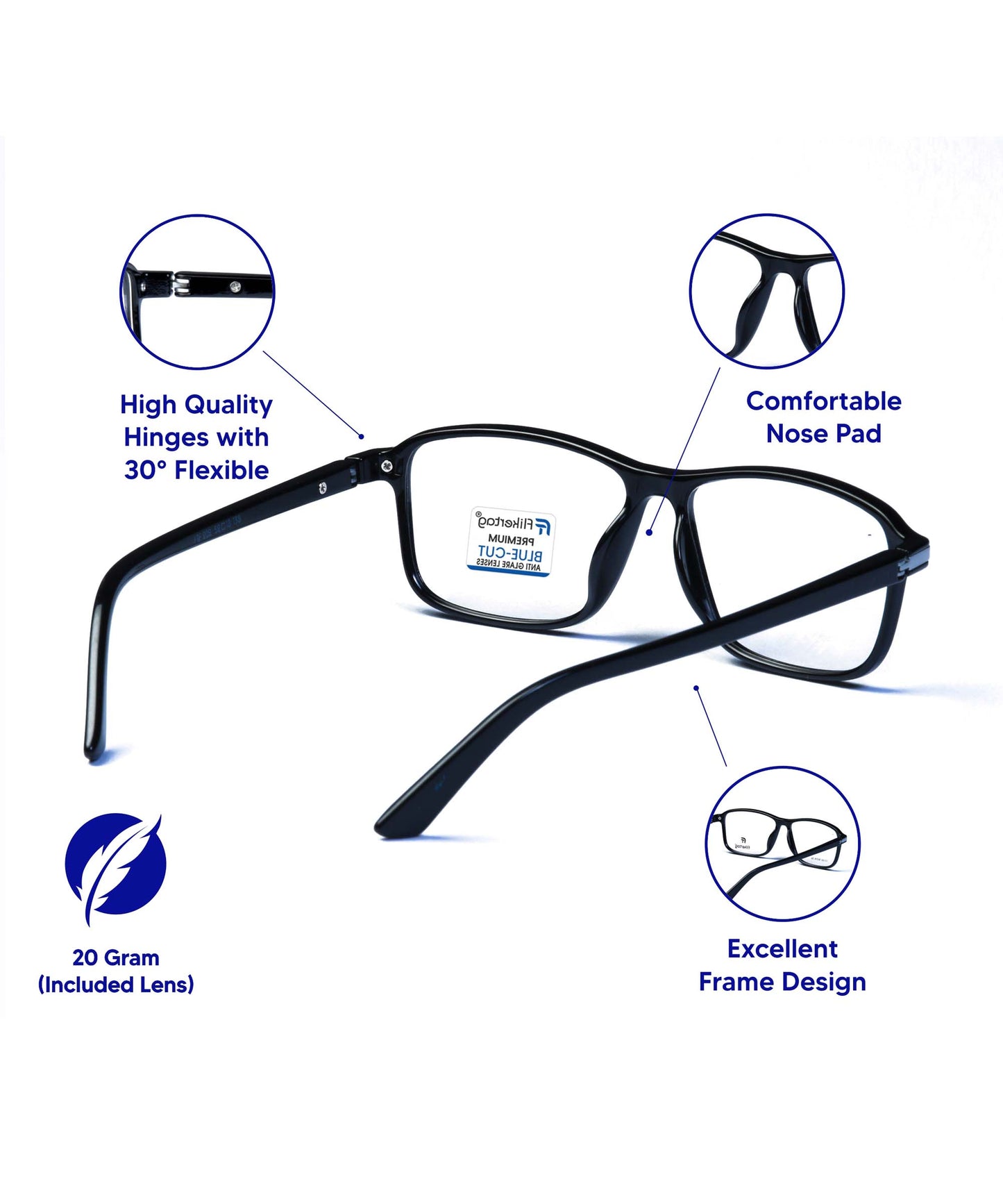 Blue Cut Computer Glasses for Eye Protection | Zero Power Blue Light Filter Glasses With UV Protection for Men & Women [FTF202 F1 Rectangle Shine Black Frame, 52mm]