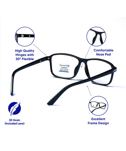 Blue Cut Computer Glasses for Eye Protection | Zero Power Blue Light Filter Glasses With UV Protection for Men & Women [FTF202 F1 Rectangle Shine Black Frame, 52mm]