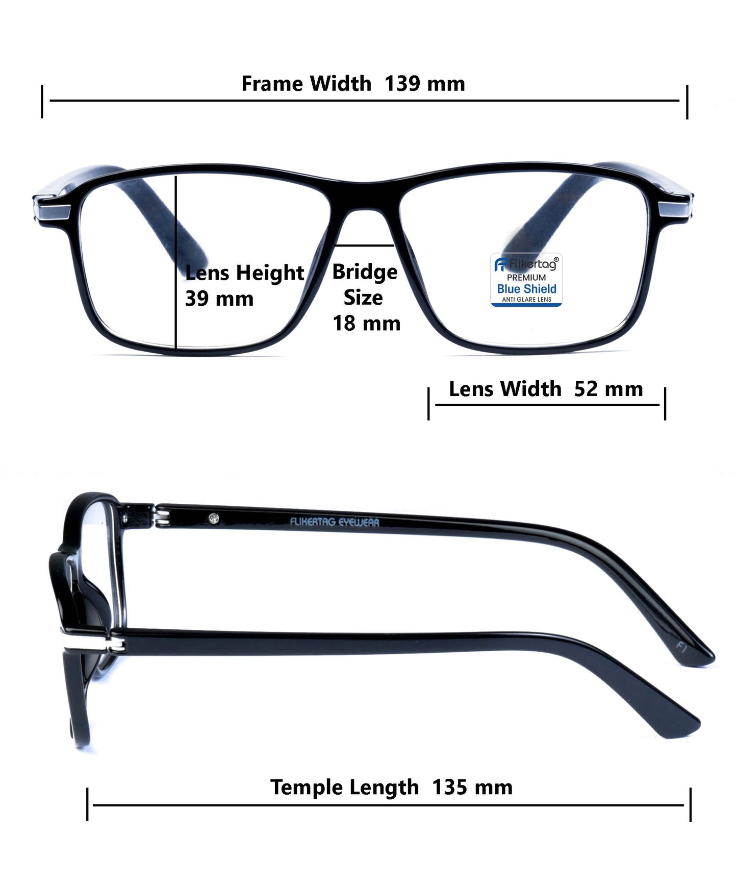 Blue Cut Computer Glasses for Eye Protection | Zero Power Blue Light Filter Glasses With UV Protection for Men & Women [FTF202 F1 Rectangle Shine Black Frame, 52mm]