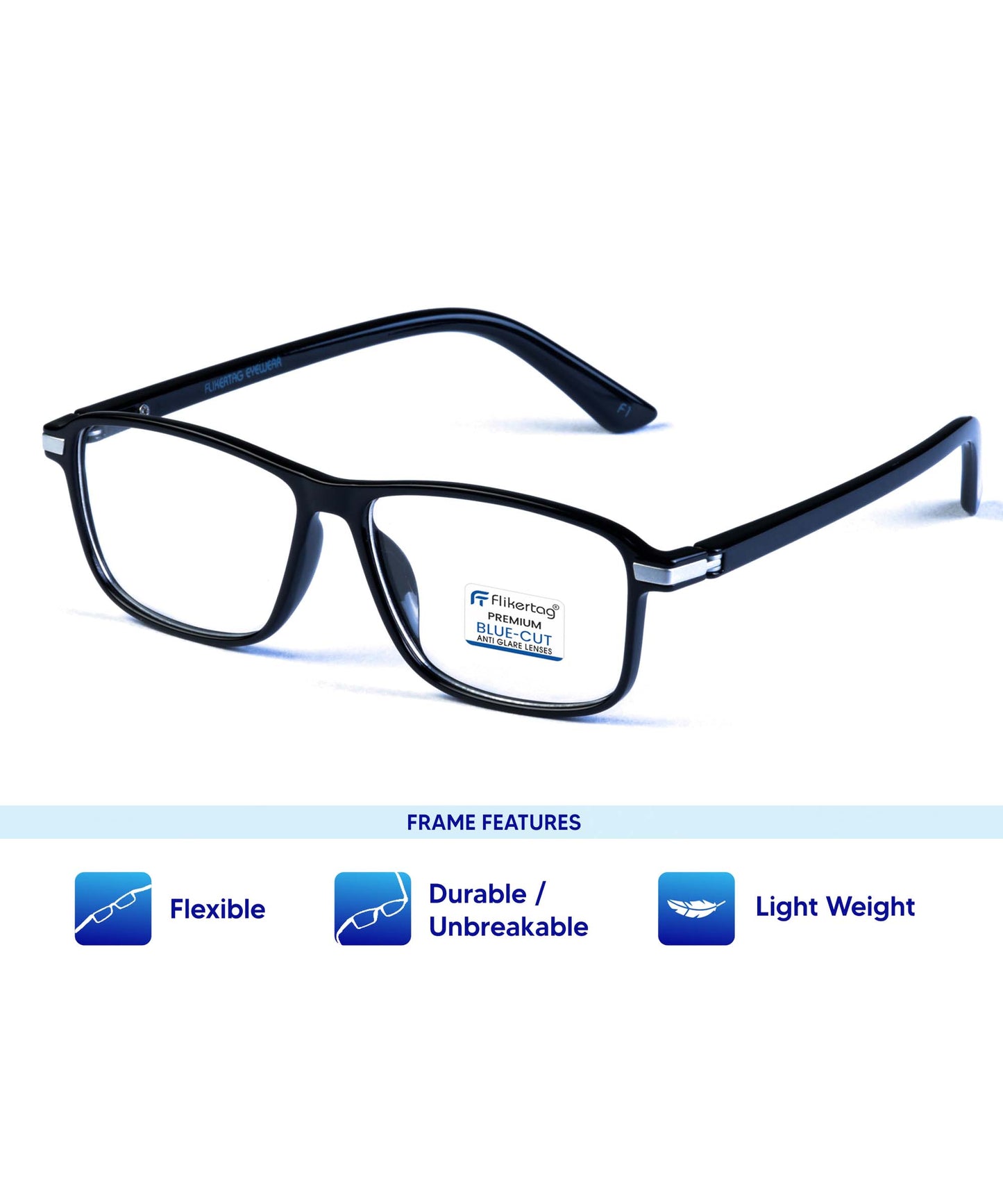 Blue Cut Computer Glasses for Eye Protection | Zero Power Blue Light Filter Glasses With UV Protection for Men & Women [FTF202 F1 Rectangle Shine Black Frame, 52mm]