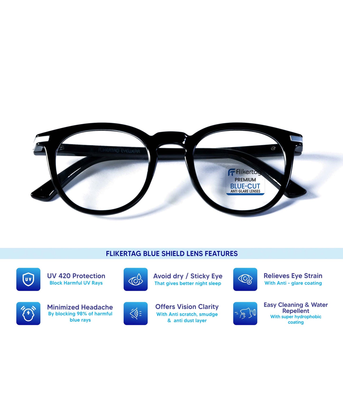 Blue Cut Computer Glasses for Eye Protection | Zero Power Blue Light Filter Glasses With UV Protection for Women [FTF203 F1 Round Shine Black Frame, 49mm]