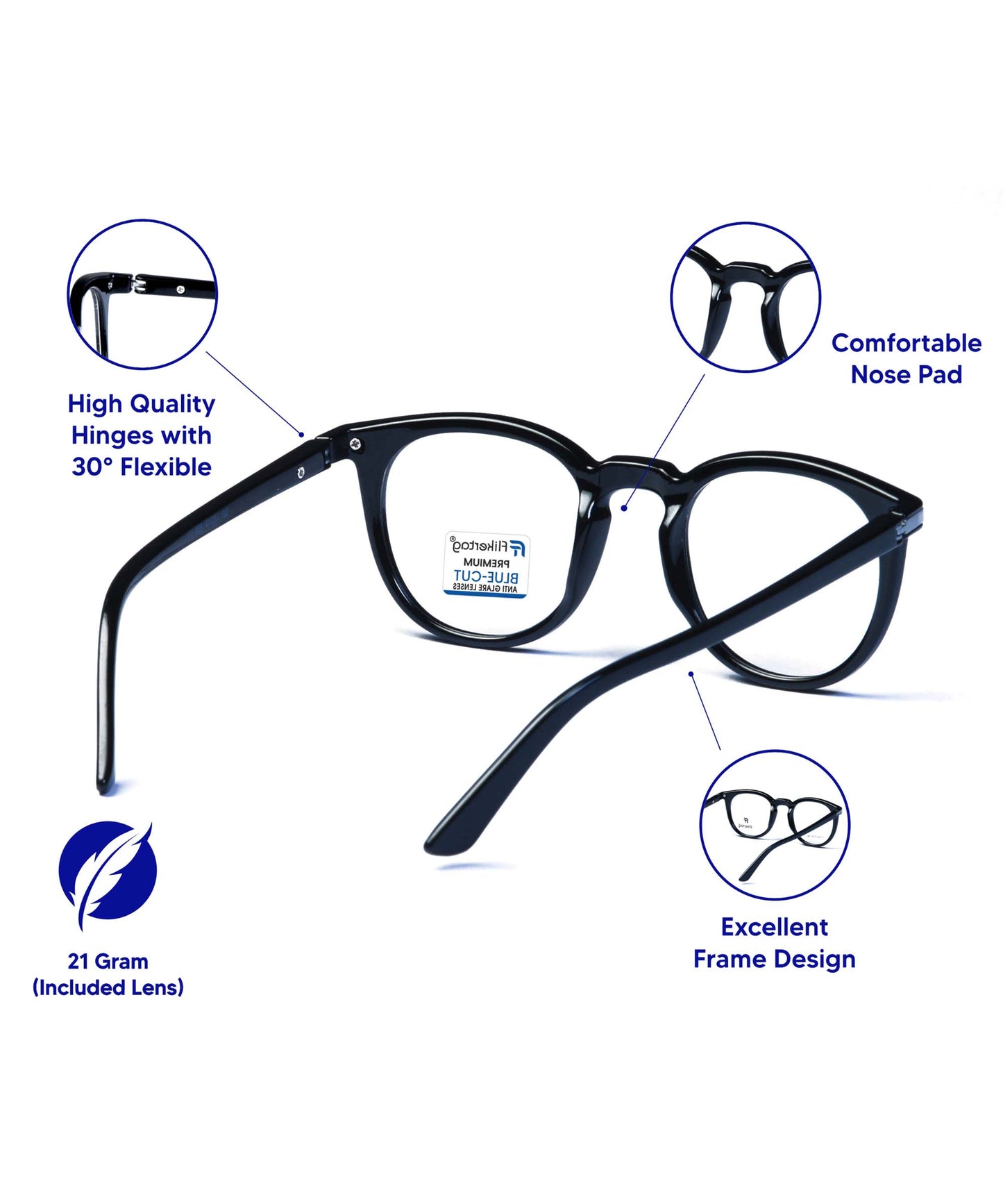 Blue Cut Computer Glasses for Eye Protection | Zero Power Blue Light Filter Glasses With UV Protection for Women [FTF203 F1 Round Shine Black Frame, 49mm]
