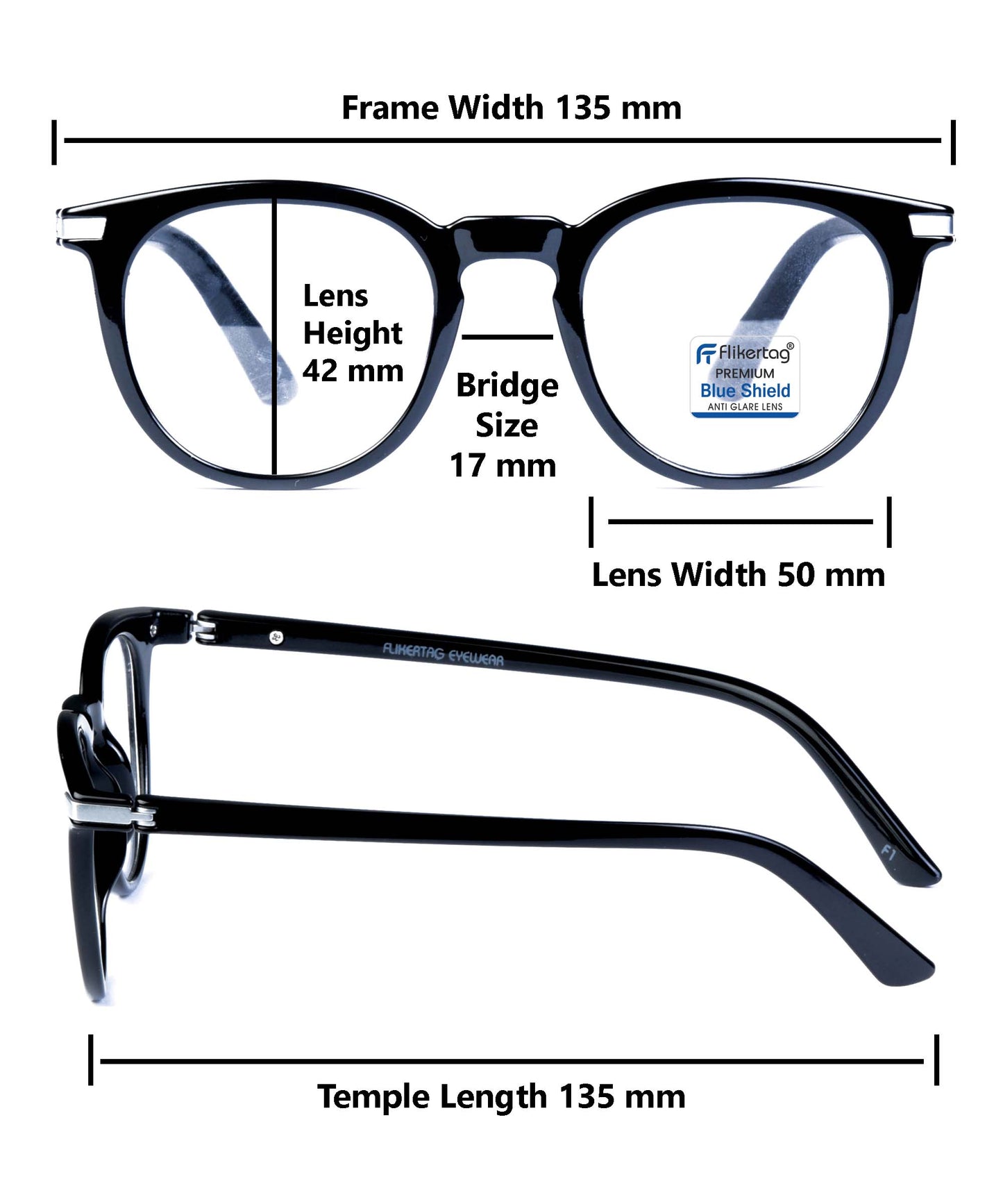 Blue Cut Computer Glasses for Eye Protection | Zero Power Blue Light Filter Glasses With UV Protection for Women [FTF203 F1 Round Shine Black Frame, 49mm]