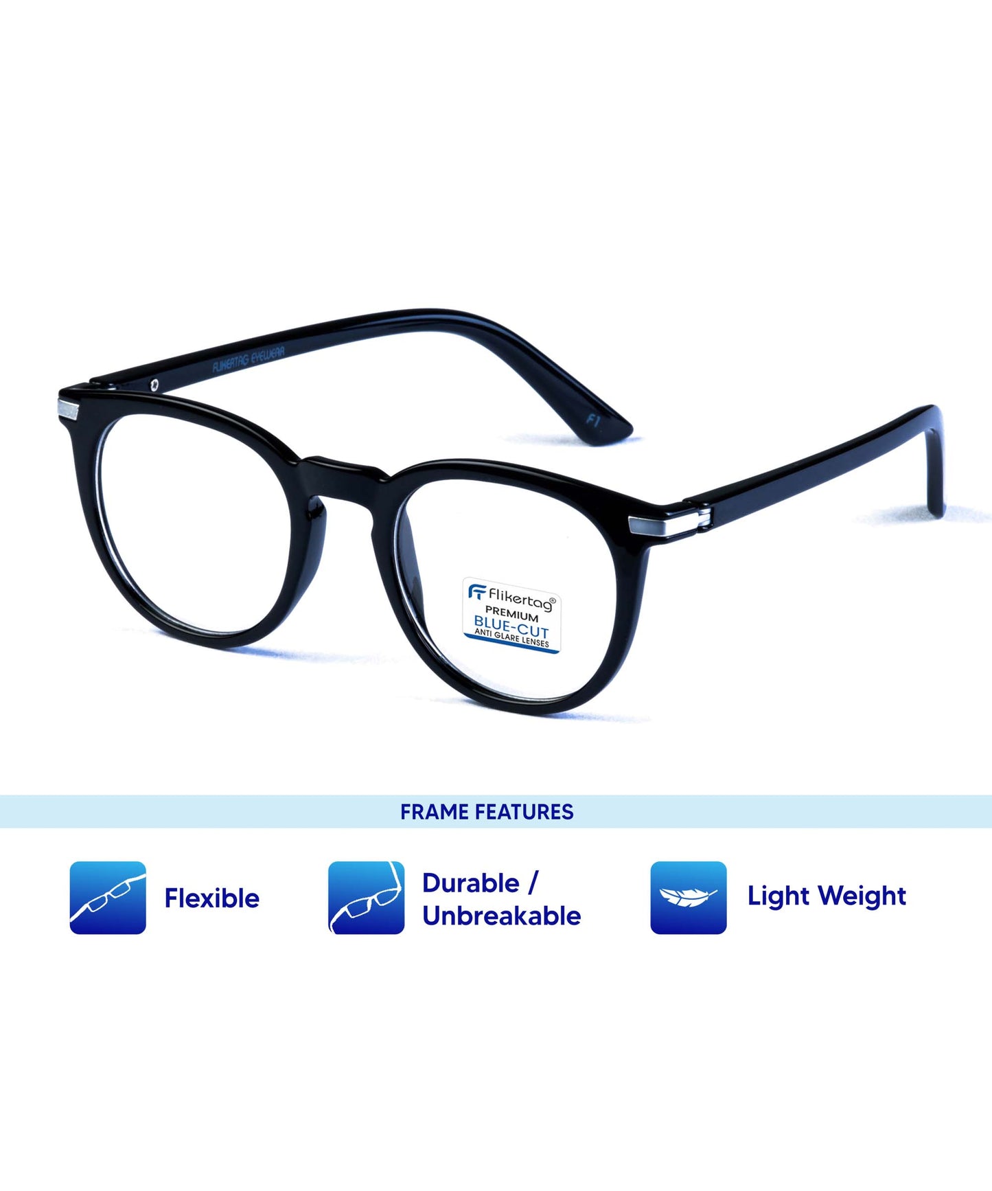 Blue Cut Computer Glasses for Eye Protection | Zero Power Blue Light Filter Glasses With UV Protection for Women [FTF203 F1 Round Shine Black Frame, 49mm]