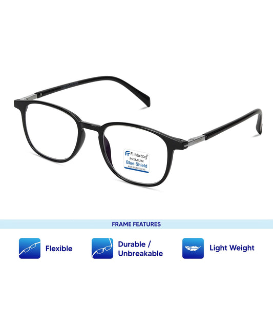 Blue Cut Computer Glasses for Eye Protection | Zero Power Blue Light Filter Glasses With UV Protection for Boys & Girls [FTF201 F1 Round Shine Black Frame, 48mm] FLIKERTAG