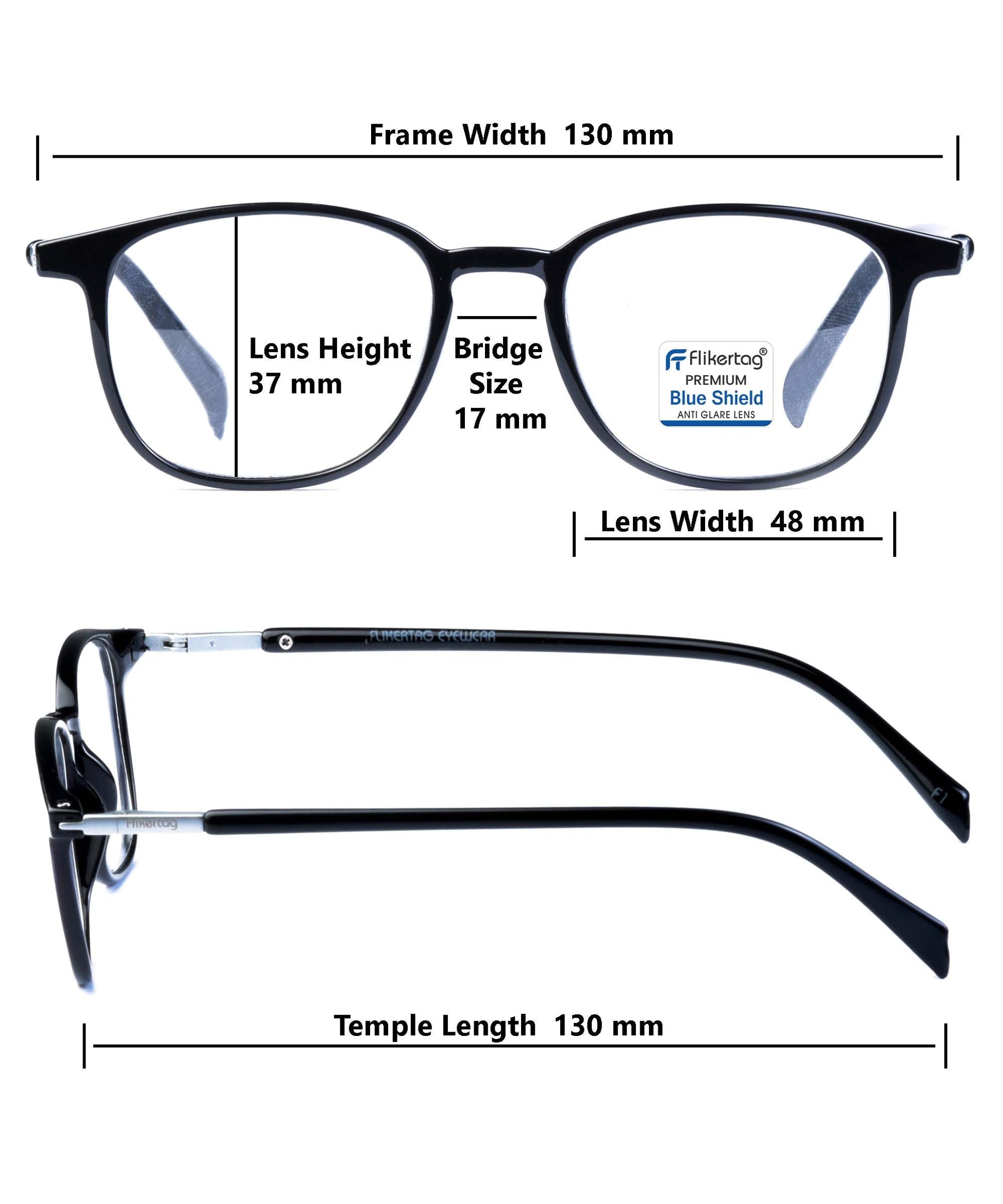 Blue Cut Computer Glasses for Eye Protection | Zero Power Blue Light Filter Glasses With UV Protection for Boys & Girls [FTF201 F1 Round Shine Black Frame, 48mm] FLIKERTAG