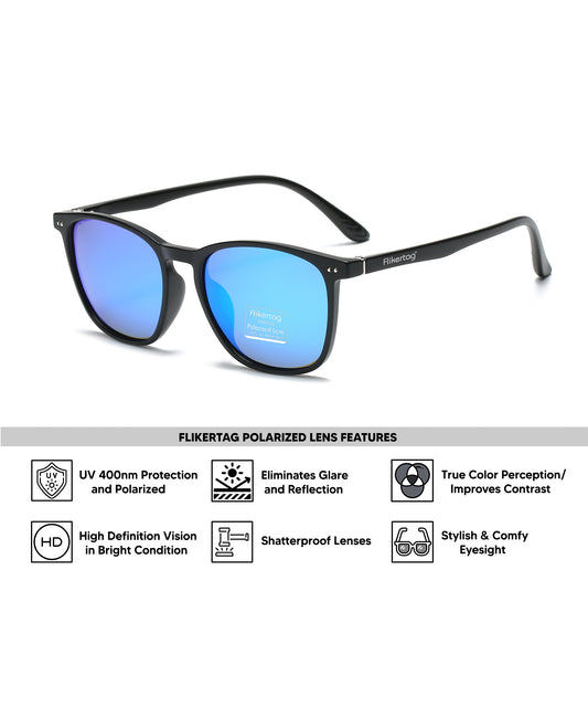 Polarized UV Protection Sunglasses For Men & Women [FTS 561 F2 Square Matte Black Frame with Blue Mirror Lens, 54mm]