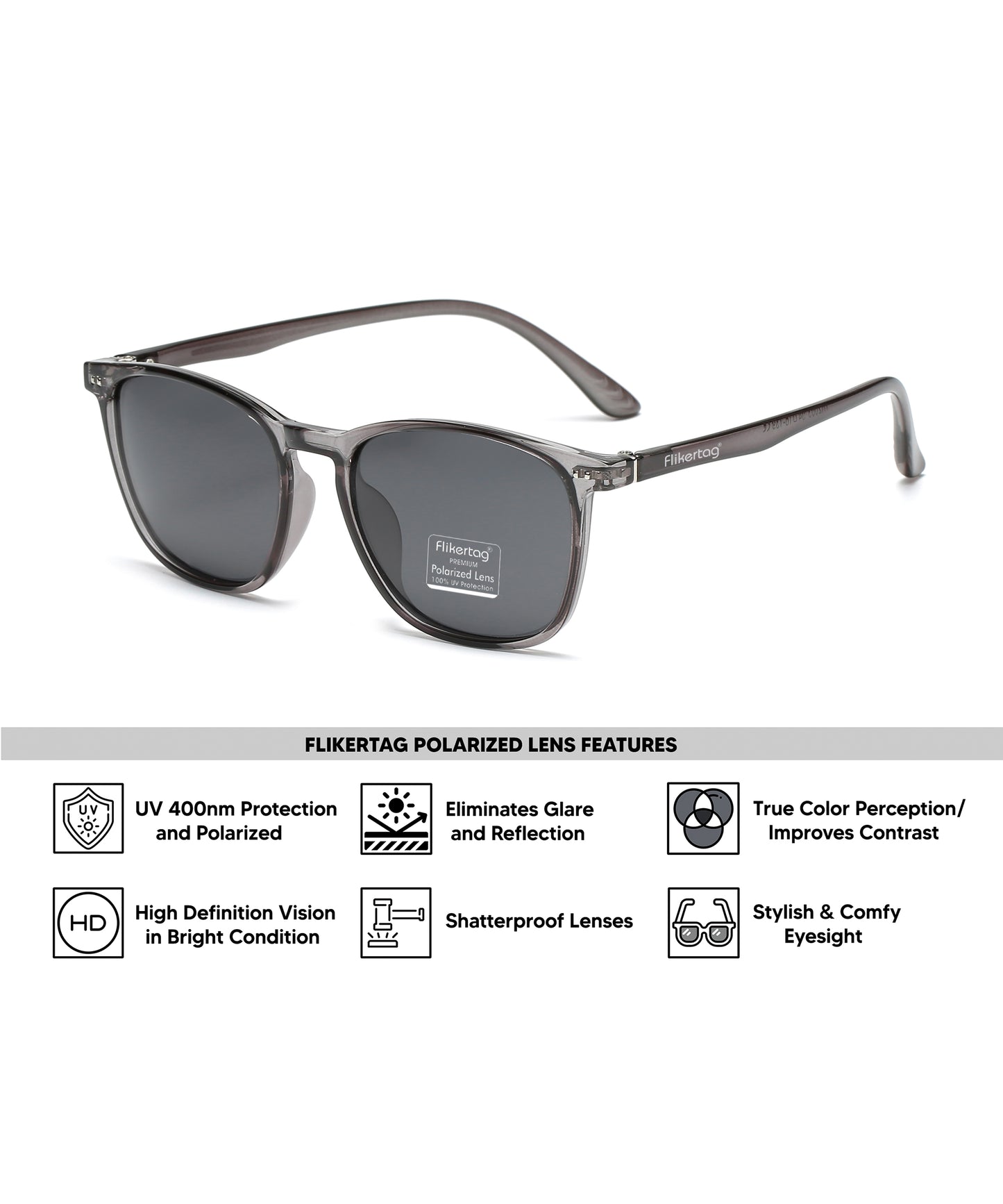 Polarized UV Protection Sunglasses For Men & Women [FTS 561 F3 Square Shiny Grey Frame with Grey Lens, 54mm]